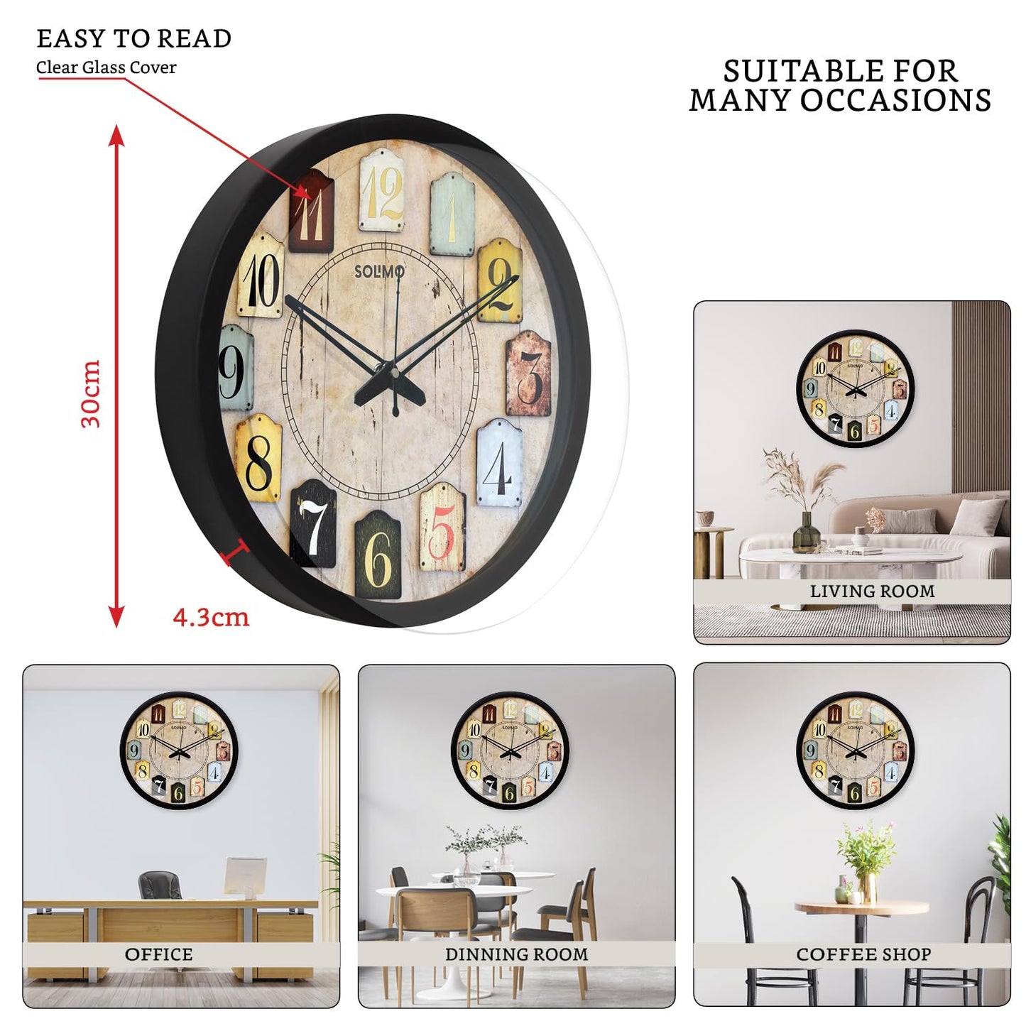 Amazon Brand - Solimo 12-Inch Contemporary Plastic&Glass Analog Wall Clock-Designer(Silent Movement,Black Frame)