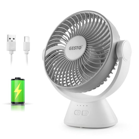 Gesto 6 Inch Rechargeable Table Fan with LED Light – High-Speed Noiseless Portable Fan With 3 Speed Modes | 2400mAh Battery Up to 8 Hours Runtime USB Charging Fan for Home, Office, Kitchen (Grey)